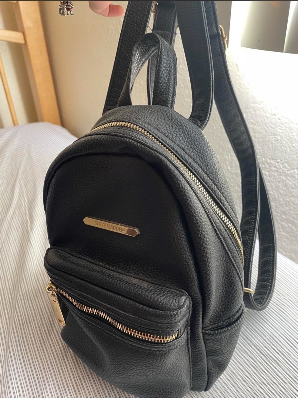 Steve Madden Black Pebbled Mini Backpack with Gold Hardware